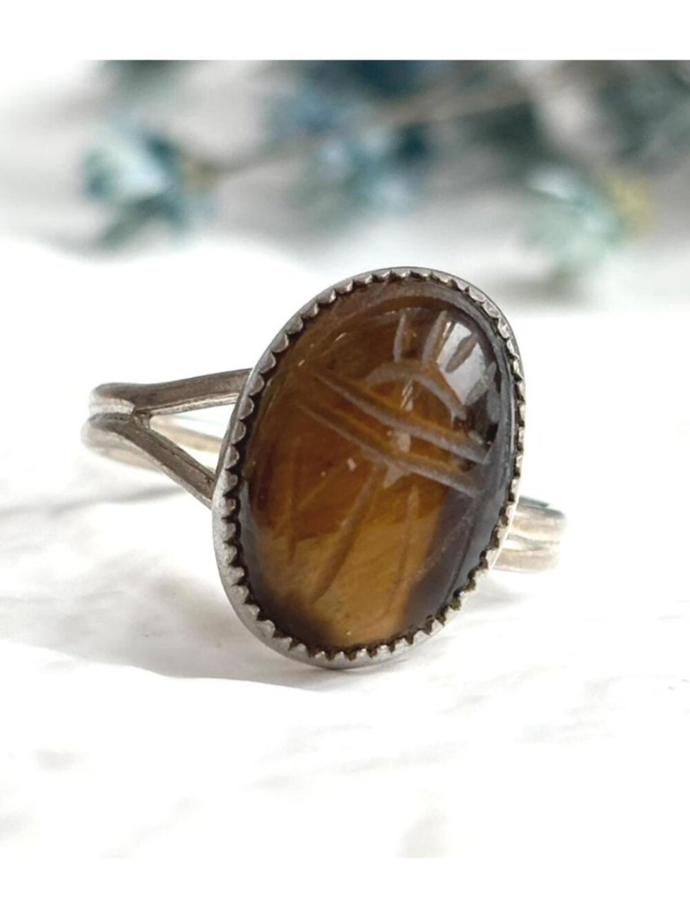 Tiger's Eye Scarab Carved Oval Scarab Sterling Silver 925 Vintage Ring - sz 5.75